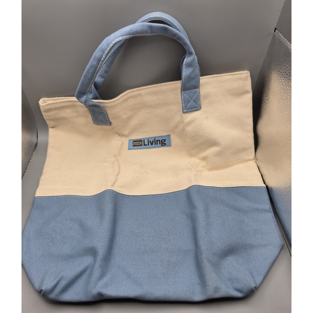 Martha Stewart Living Canvas Tote Bag Blue Cream Shopping Market Carryall - Picture 3 of 8